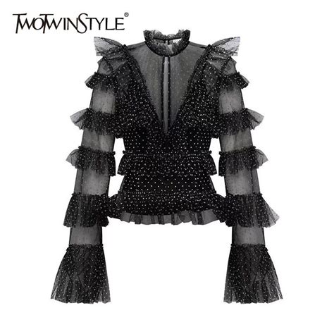 twotwinstyle vintage women shirt stand collar flare long sleeve tunic patchwork mesh ruffles dot