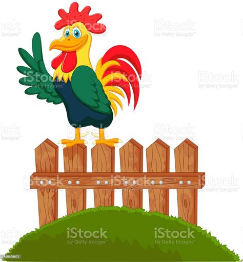 Cute Rooster Cartoon Crowing On The Fence Stock Illustration Download