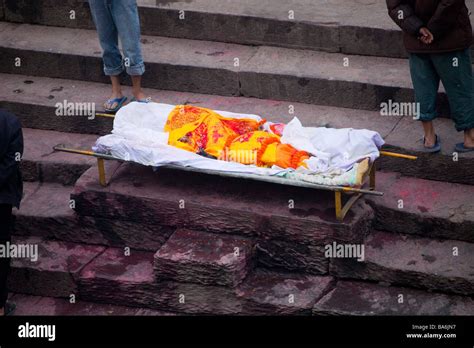 Human Body Ready To Be Burnt On Cremation Ghats Bagmati Riverbank At