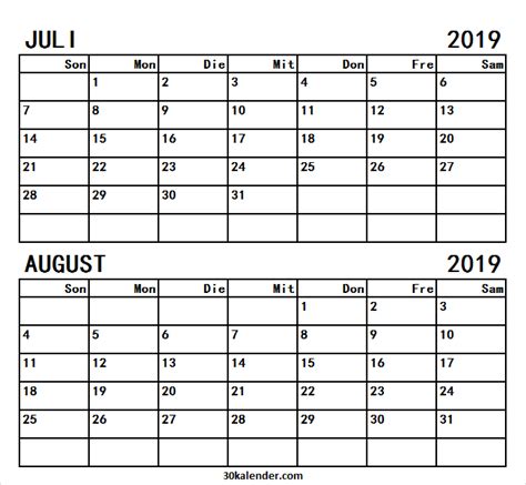 Kalenderübersicht Juli August 2019 August Periodic Table