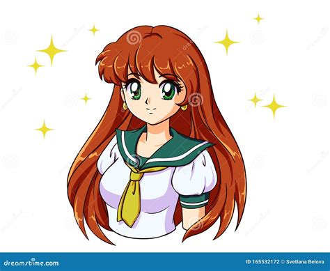 Retro Anime Girl With Red Hair In Japanese School Uniform Stock Vector