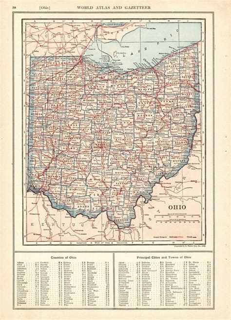 1925 Antique Ohio Map Vintage State Map Of Ohio Gallery Wall Art Home