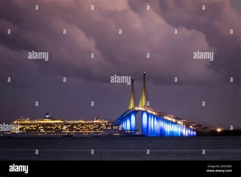 Royal Caribbean Cruise Ship Passes Under The Bob Graham Sunshine Skyway Bridge Crossing Tampa