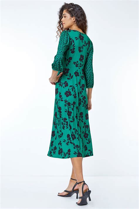 Floral Contrast Print Midi Dress In Green Roman Originals Uk