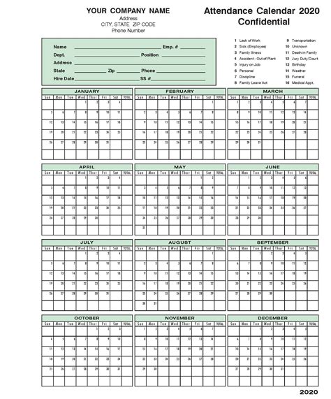 2021 Employee Attendance Calendar Calendar Template Attendance Sheet