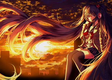 Wallpaper Illustration Sunset Anime Girls Thigh Highs Vocaloid