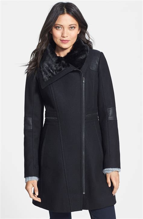 Guess Asymmetrical Zip Wool Blend Coat With Faux Fur And Faux Leather
