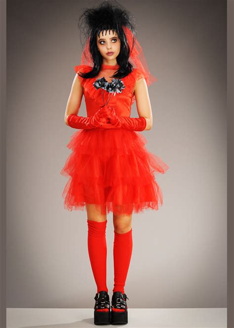 Womens Halloween Beetlejuice Bride Adult Fancy Dress Costume Red Lydia