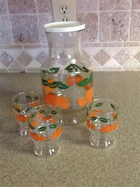 Vintage Libbey Orange Juice Carafe Decanter Pitcher Plus 3 Juice Glasses 1722212631