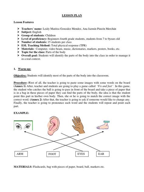 Lesson Plan Parts Of The Body And Annexes Lesson Plan Learning