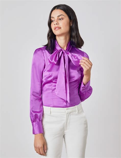 plain satin women s fitted blouse with single cuff and pussy bow in bright purple hawes and curtis