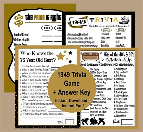 75th Birthday Games Black And Gold Games 1949 Trivia Game Who Knows
