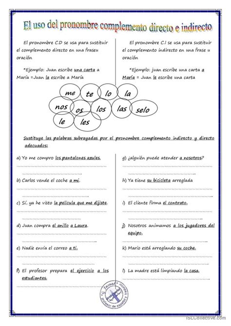 Los pronombres complemento directo e Español ELE hojas de trabajo pdf doc