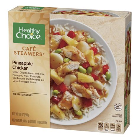 Choice of five free veggie toppings carrot, cucumber, red pepper, tomato, scallion, purple cabbage, corn, broccoli, beets, black beans, garbanzo beans, sliced almonds, or pumpkin seeds. Healthy Choice Cafe Steamers Pineapple Chicken | Hy-Vee ...