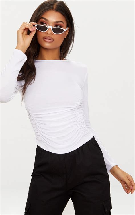 White Long Sleeve Ruched Front Top Tops Prettylittlething