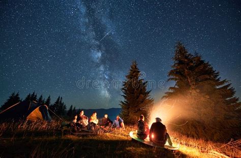Night Camping In Mountains Under Starry Sky With Milky Way Stock Photo
