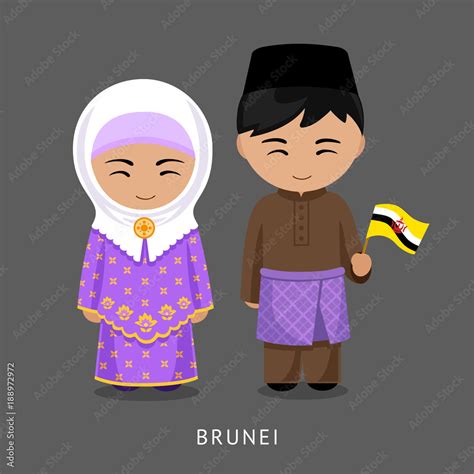 Bruneians In National Dress With A Flag Man And Woman In Traditional