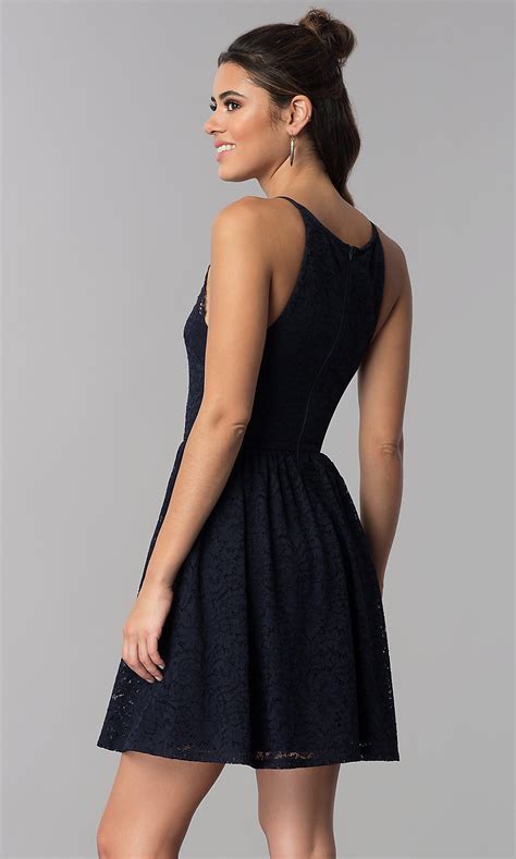 This long black and white gown is perfect for a formal summer event. Navy Blue Short Wedding Guest Lace Dress - PromGirl