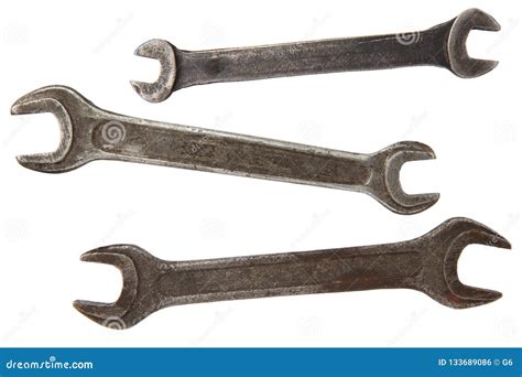 Three Old Rusty Wrench Tools Isolated On White Background Stock Photo