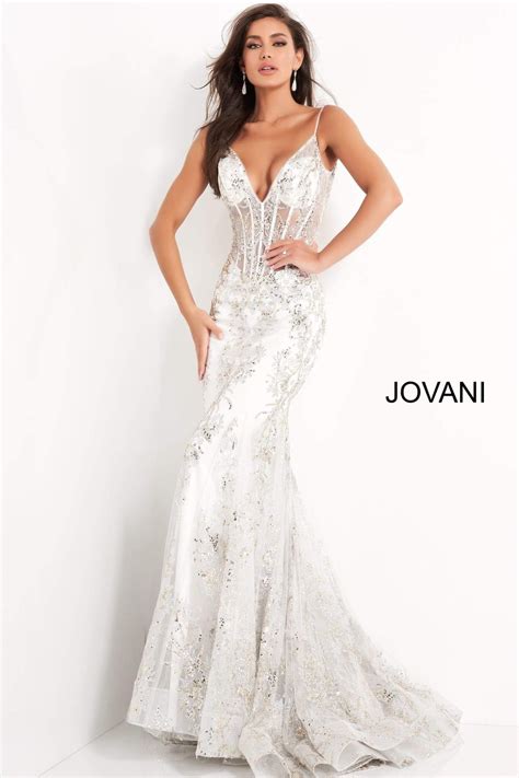 Jovani Sheer Corset Bodice Sequin Mermaid Gown Form Fitting Prom Dresses Mermaid Prom