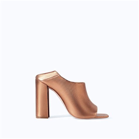 Zara Shiny Leather High Heel Mules In Gold Lyst