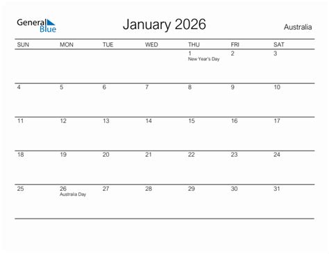 Printable January 2026 Monthly Calendar With Holidays For Australia