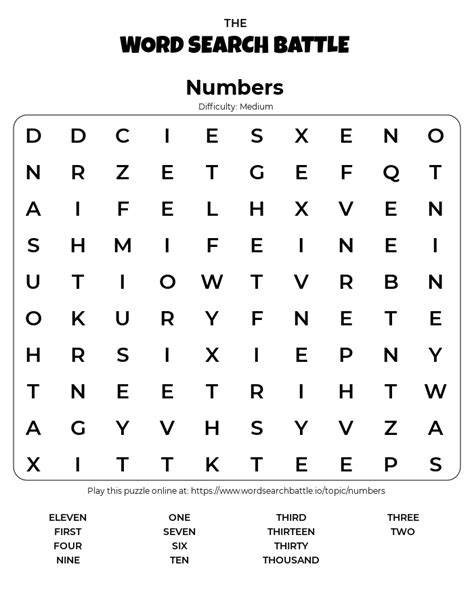 Word Search With Numbers Printable