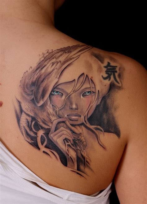 Asian Style Colored Shoulder Tattoo Of Asian Woman With Black Ink