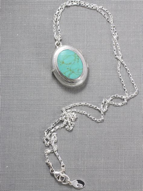 Turquoise Sterling Silver Locket Necklace Stone Cabochon Vintage Photo Pendant American Heritage
