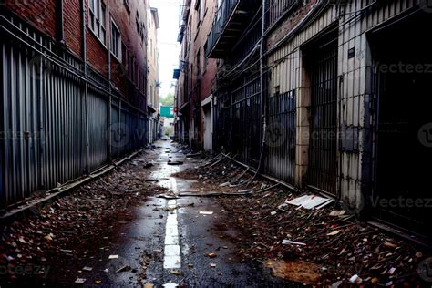 Realistic Photo Of Abandoned Alley With Debris Rubbish On The Street