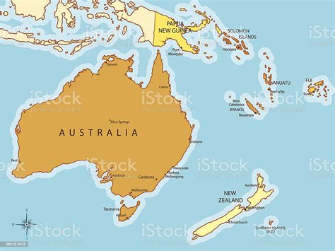 Ilustración de Mapa De Oceanía Con Los Países Y Las Ciudades y más
