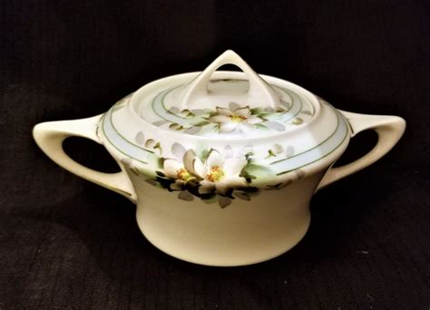 Hand Painted Nippon Sugar Bowl With Lid Green Crown Mark 10 Etsy