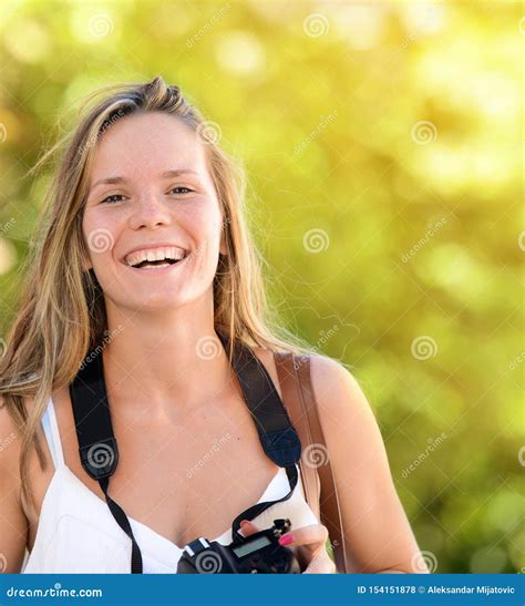 Happy Woman Photographer Holding A Dslr Camera Stock Photo Image Of