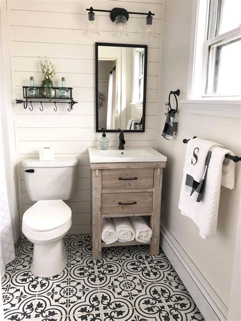 Farmhouse Style Bathroom With Shiplap Walls Ceramic Tile Flooring