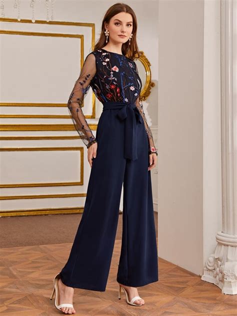 Shein Floral Embroidered Mesh Bodice Belted Jumpsuit Shein Uk