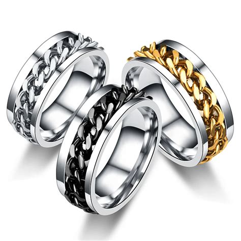 Stainless Steel Men Ring With Movable Link Chain Ring Men Ring 8mm