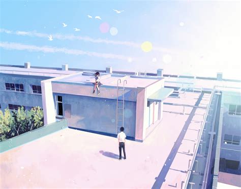 Wallpaper Anime Landscape Girl Boy School Rooftop