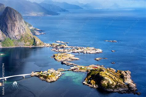 Sunny Aerial Panoramic View On Stunning Mountains And Village Of Reine