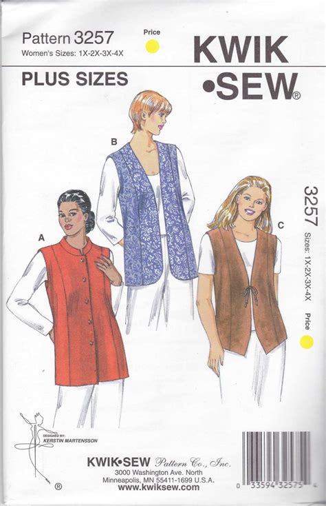 Kwik Sew Sewing Pattern 3257 Women S Plus Sizes 1x 4x Lined Vests Closure Neckline Options