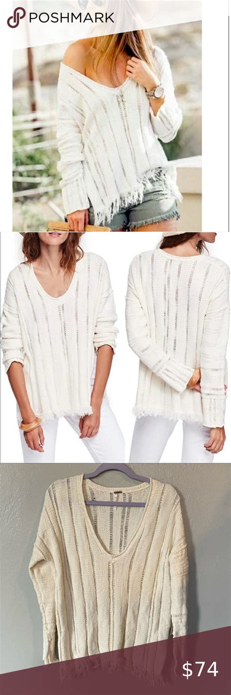 Free People Ocean Drive Sweater Knit V Neck Frayed Hem Ivory Size S Cozy Knit Sweater Knitted