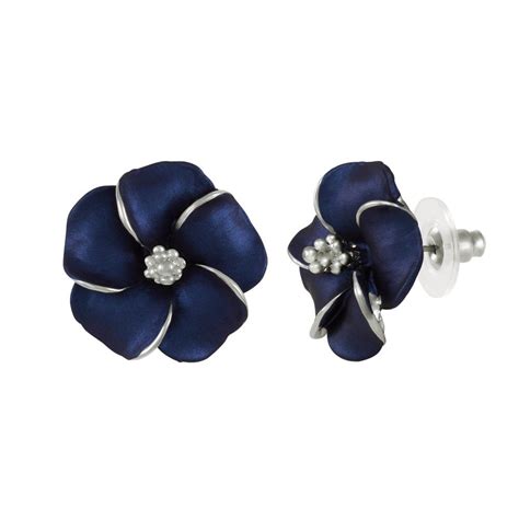 Pansy Navy Blue Enamel Silver Tone Pierced Earrings