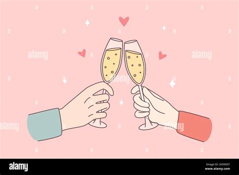 Celebrating With Champagne And Cheers Concept Human Hands Of Couple Clinking Glasses With