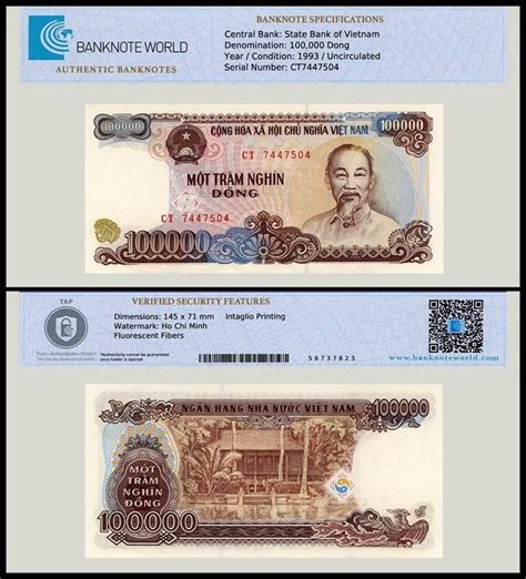 Vietnam 100000 Dong Banknote 1994 P 117 Unc Tap Etsy