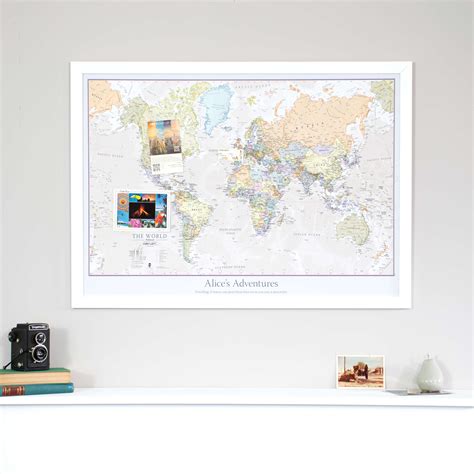Medium Personalized Classic World Map Pinboard And Wood Frame White