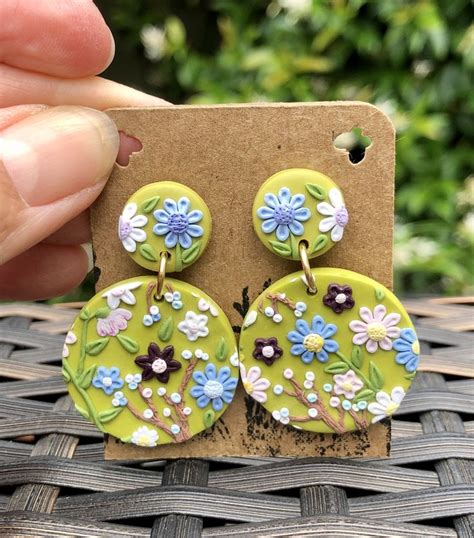 Earrings Dangle Handmade Floral Polymer Clay Hippie Boho Gold