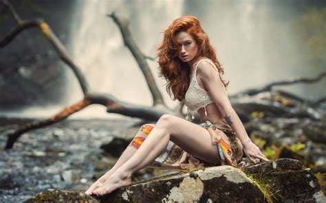 Wallpaper Sunlight Waterfall Women Outdoors Redhead Fantasy Girl Nose Rings Depth Of