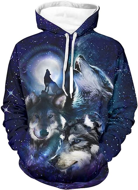 Fashsignop Hooded Pullover Sweatshirt Howling Wolf Moon Stars Pullover