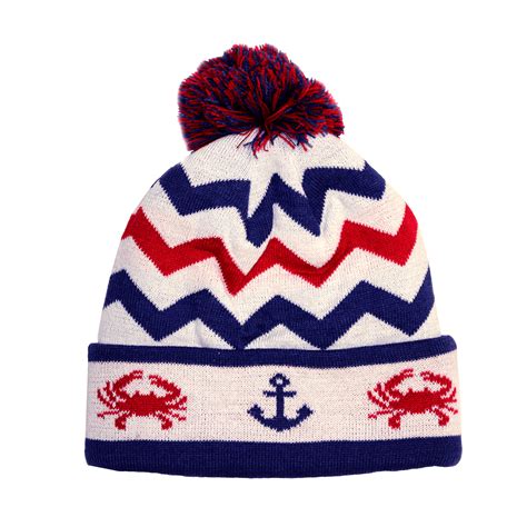 Chevron Crab And Anchor Design White With Multi Pom Knit Beanie Cap