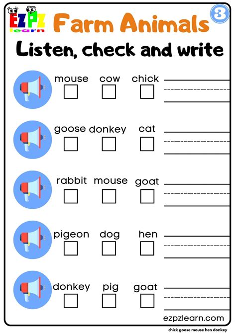 Interactive Worksheet For Farm Animals Listen Check And Write Activity