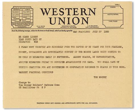 Original Telegraph Message July 27 1939 To Elmore Libert Tom MOONEY